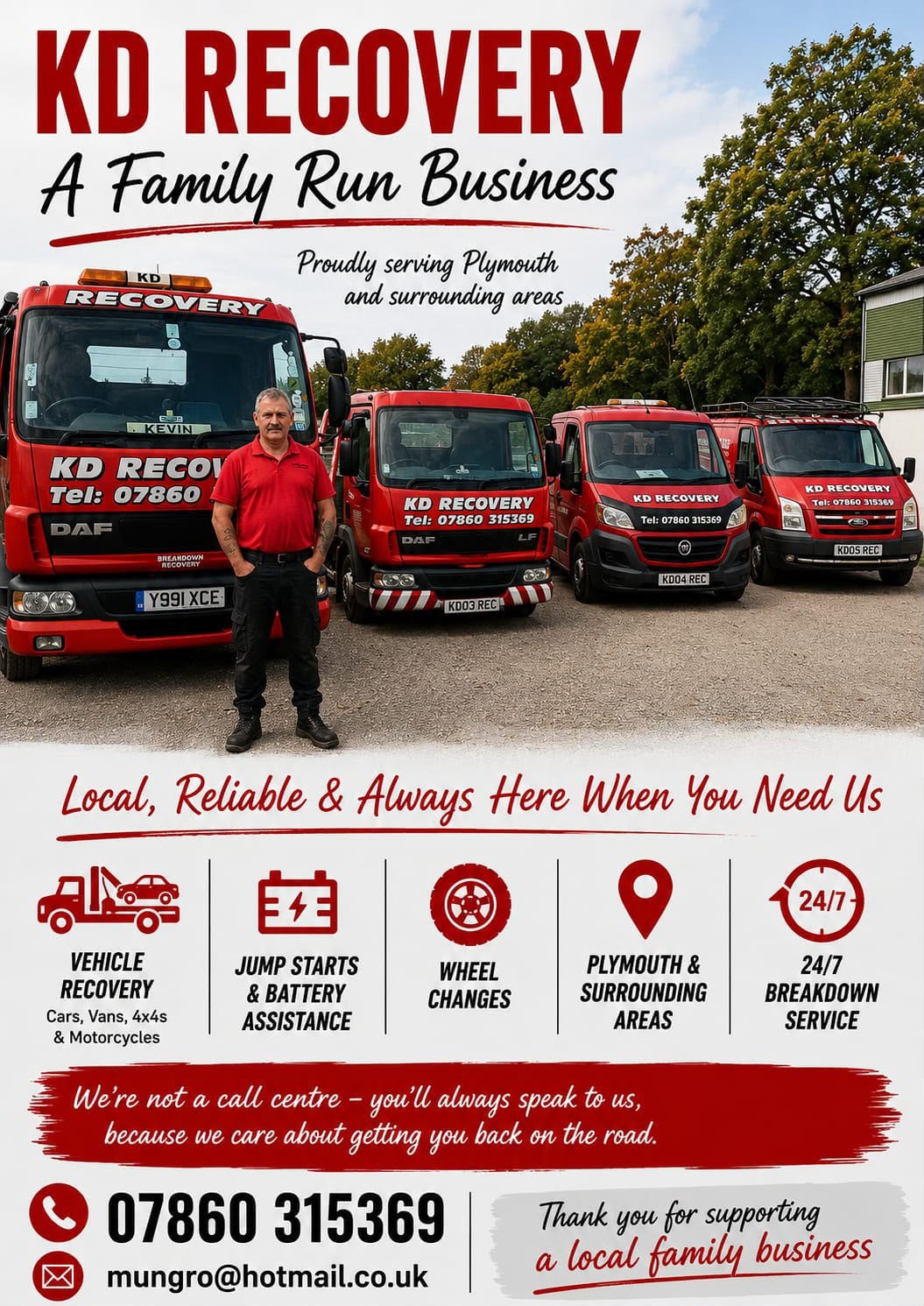 KD Recovery flyer: a family-run business serving Plymouth and surrounding areas
