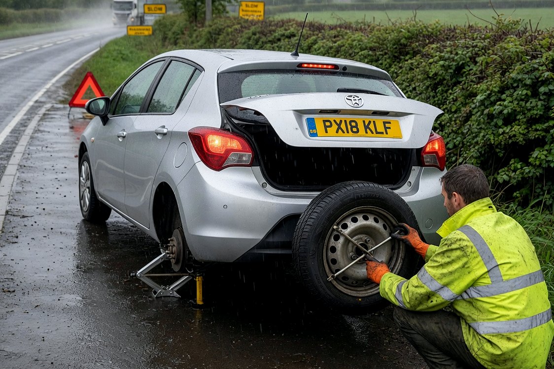 Wheel change on a UK car at the roadside